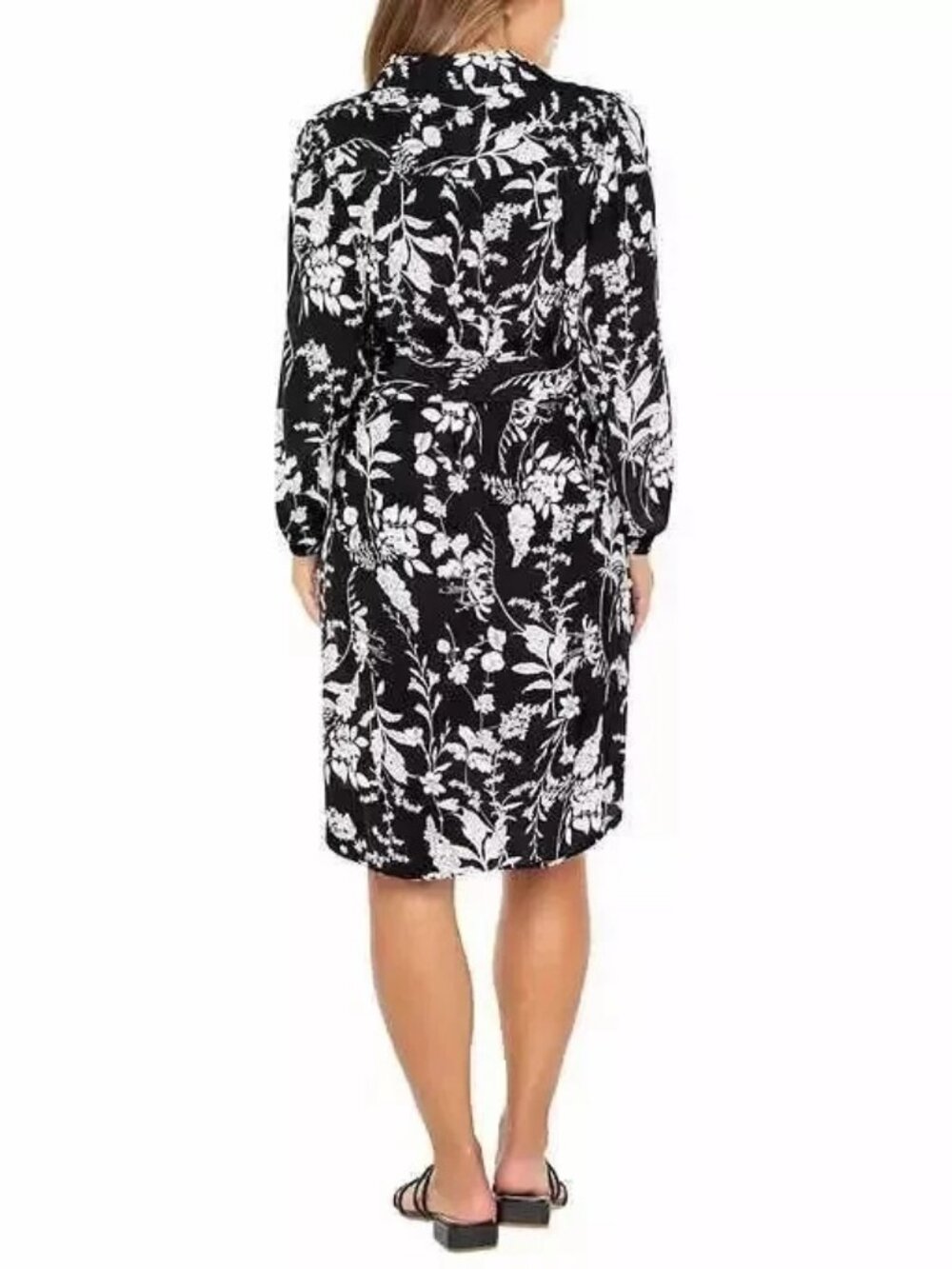 Women's Dress, Crepe Tie-Belt Long Sleeve Button, Black Print, Small - Picture 2 of 6